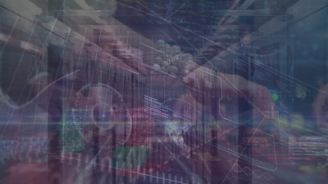 Animation of networks of connections and data processing over servers and people in casino