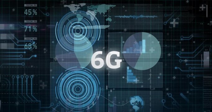 Animation of data processing and 6g text over black background
