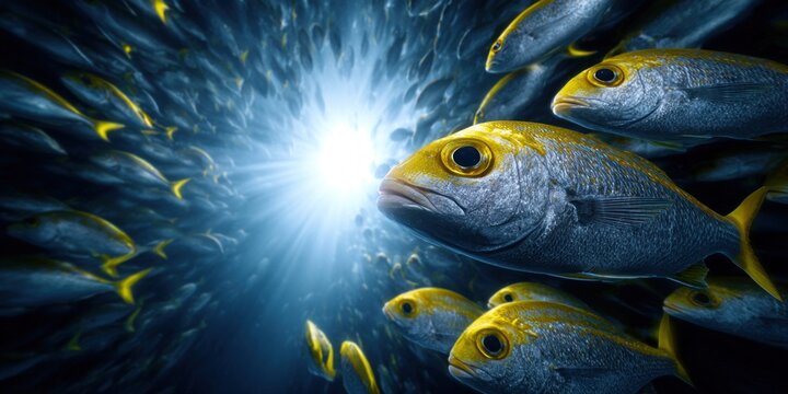 School of yellowtail snapper swimming towards bright light underwater