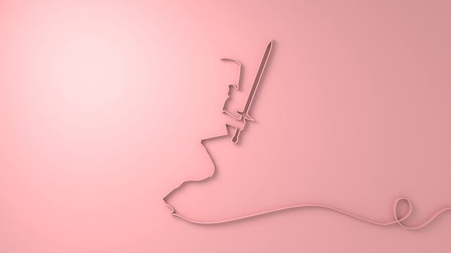 Medieval knight male warrior holding sword and shield. Hero wearing armor. Knight silhouette. Mascot and game element. Protection and security. Continuous line drawing animation.