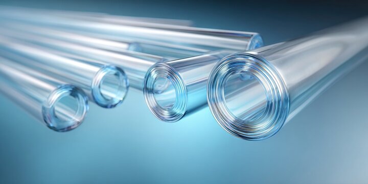 Clear plastic tubes with concentric rings, abstract background, science and industry concept