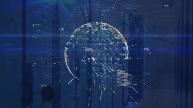Animation of lines over globe, numbers, lens flare and programming language over server room