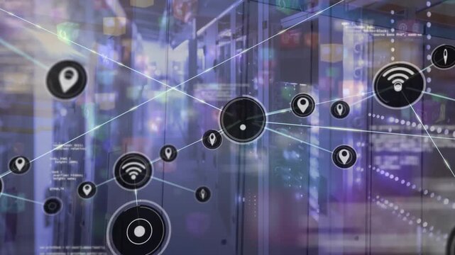 Animation of connected icons and computer programming language over server room in background