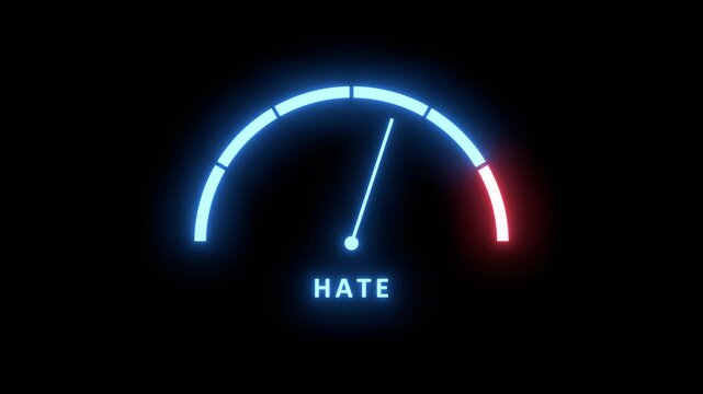 Neon glowing hate meter showing big levels of hate. Dangerously increasing values of hate, critical overload. Too much, off the charts. Abstract meter scale with arrow. Social concept.