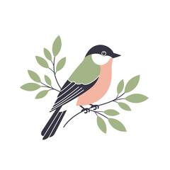 Obraz premium Charming Bullfinch Bird Perched on a Twig with Green Leaves, Flat Design Illustration