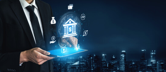 Obraz premium Concept of digital banking and global financial services. A network of secure online transactions, currency exchange, and money management for the international economy. Fermion