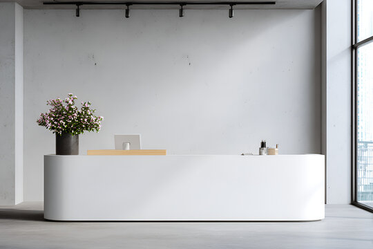 Modern reception area featuring a white curved counter with a minimalist design, flowers, and a monitor. A large window provides natural light