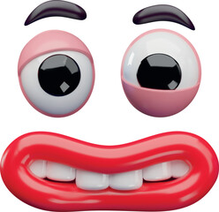 A 3D face with wide, red lips, teeth, and bulging eyes with lowered eyelids and brows.