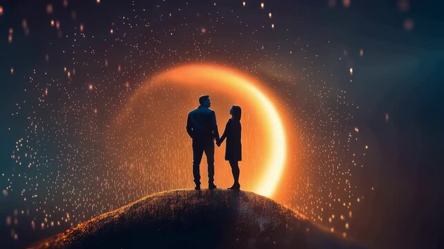 Romantic couple standing together holding hands inside glowing cosmic circle, abstract concept of eternal love, connection, and unity.