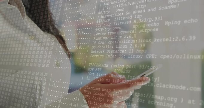 businesswoman scrolling phone initiating IT network scan with code overlay for monitoring