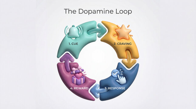Dopamine loop explains habit formation. Dopamine cycle infographic shows cue, craving, response, reward stages in color circle for behavioral psychology, self improvement education, wellness content