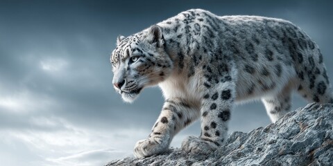 Obraz premium Majestic snow leopard prowling on a rocky mountain peak under a dramatic cloudy sky