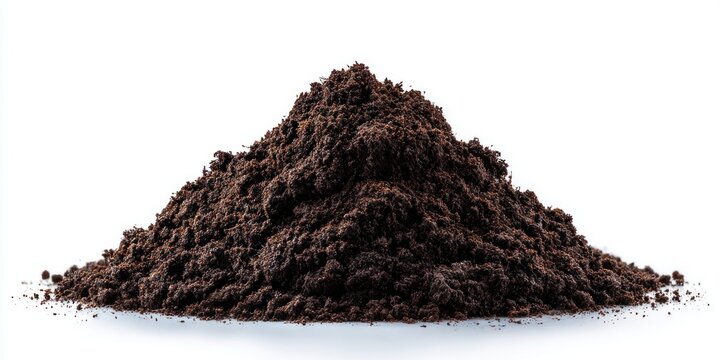 Pile of dark rich soil isolated on a clean white background for gardening and agriculture