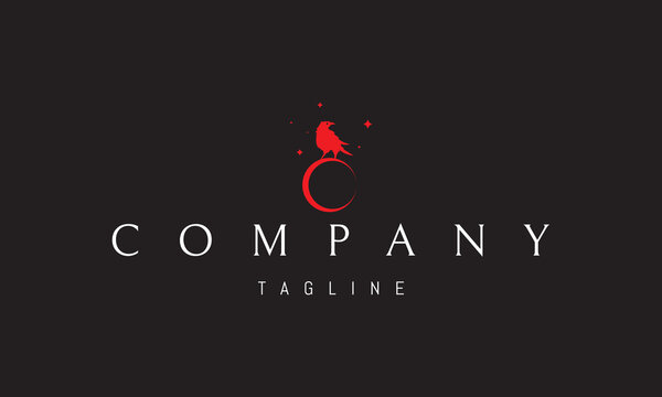 A vector red logo featuring a crow sitting on the moon, symbolizing mystery, wisdom, night, and mystical connection with the celestial world.