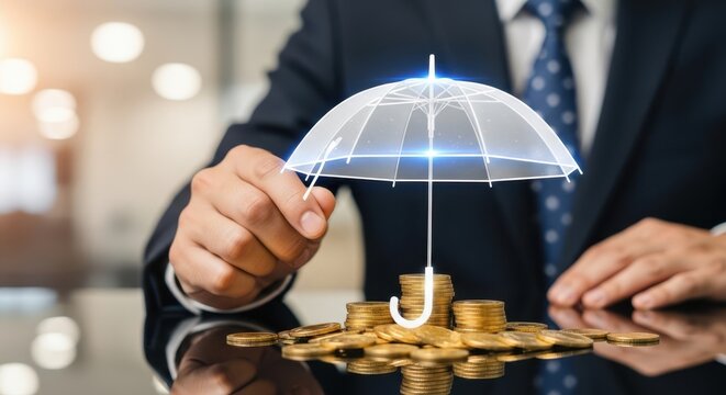 Closeup Businessman Hand holding virtual umbrella protecting coins, representing financial safety, investment security, wealth preservation, and economic insurance.
