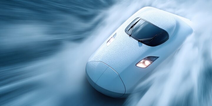 Sleek white bullet train speeding through water with motion blur effect