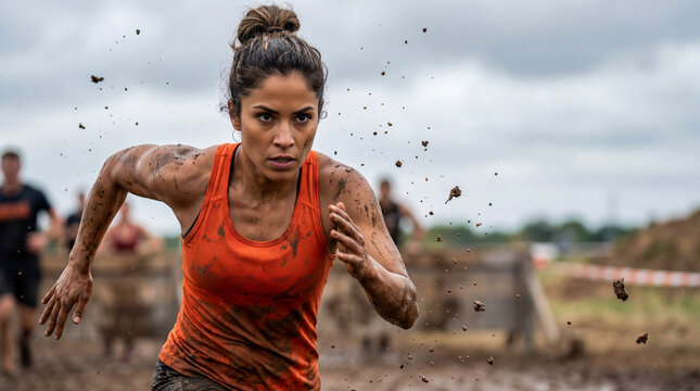 Determined woman running in a mud obstacle race. Action shot of female athlete in orange tank top during extreme endurance challenge. Mud splash and fitness competition