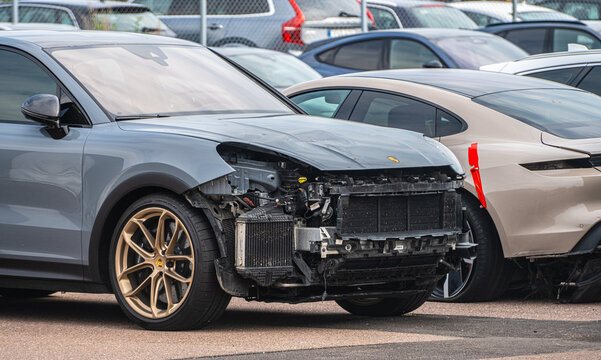 Gothenburg, Sweden - June 25 2022: Damaged Porsche Macan front end awaiting repair.