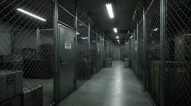 Secure Fenced Corridor Perspective Inside High Value Storage Depot with Clean Lines and Depth