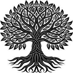 Obraz premium Tree with intricate branches and roots in black and white design on a plain background Generative AI