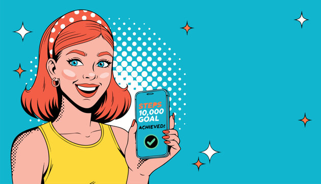 Fit Woman Showing 10,000 Steps on Smartphone Fitness Tracker App Pop Art Vector Illustration for Healthy Lifestyle, Wellness Coaching, and Exercise Marketing with Copy