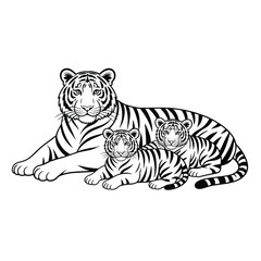 Fototapeta premium Black and white of a tiger and two cubs line animal