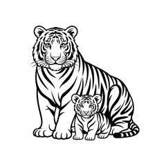 Obraz premium Black and white of a tiger and a tiger cub sitting together