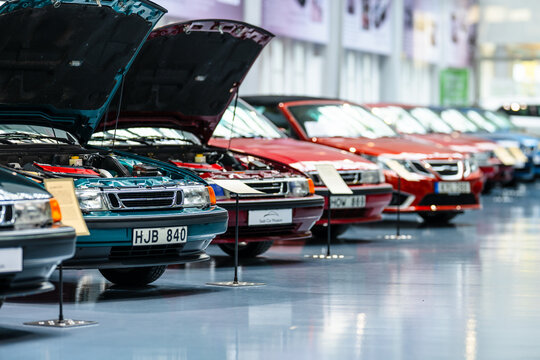 Gothenburg, Sweden - June 28 2024: row of classic saab cars displayed in bright indoor museum hall.