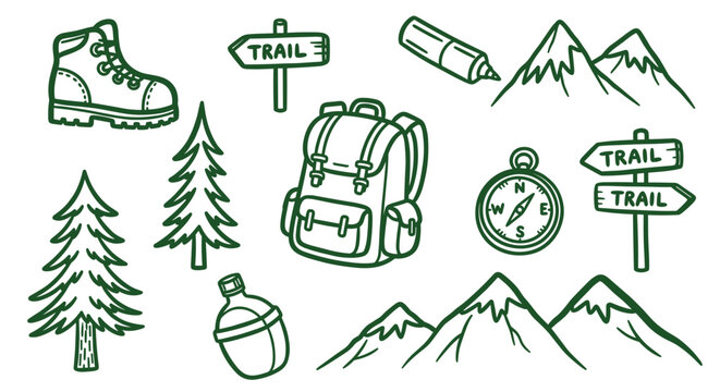 Hiking Adventure Gear Collection Backpack Boots Mountains Compass Trail Signs Water Bottle Trees and Marker Pen Icons Set