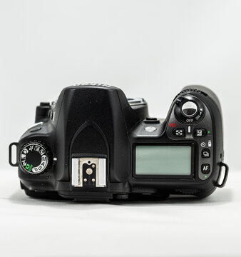 Gothenburg, Sweden - november 29 2025: Top view of Nikon D80 digital camera with mode dial and display.
