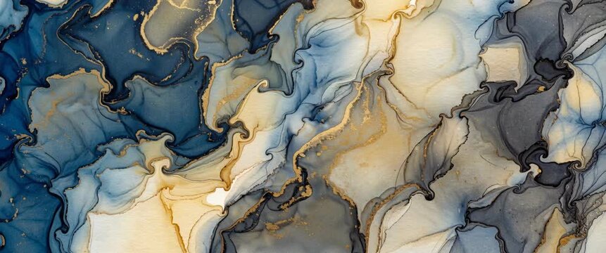 Fluid Art And Abstract Expressionism Blue And Gold Inkscape Painting With Alcohol Ink Texture For Modern Design.
