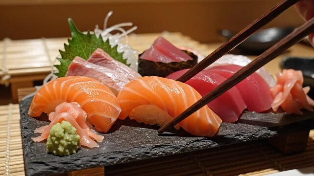 Assorted sushi and sashimi platter served on dark stone plate
