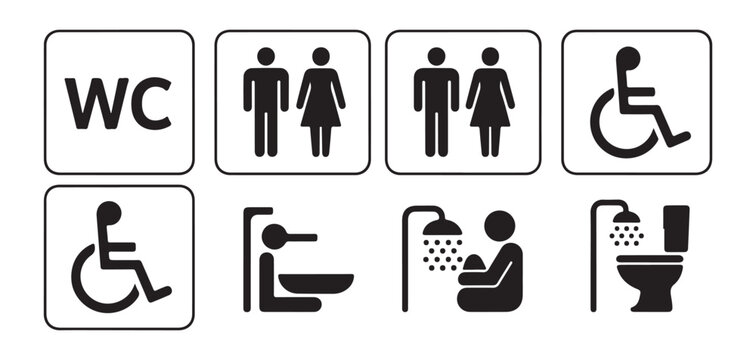 Public restroom and facility signs including gender symbols handicap access shower and toilet information set