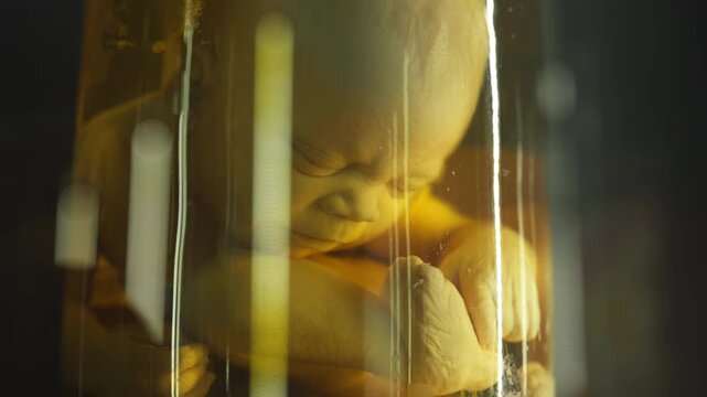 A human infant body with the pathological development of anencephaly in the water.