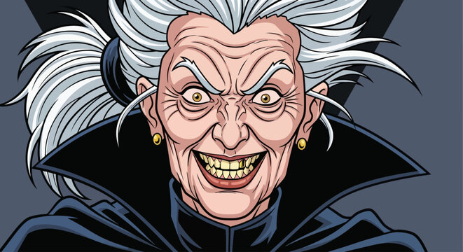 Comic book illustration of an evil old woman.