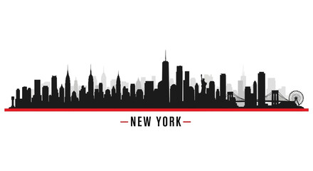 Obraz premium Dynamic vector silhouette showcasing an iconic metropolitan cityscape, featuring towering buildings and a vibrant urban panorama with a bold red accent, perfect for travel and urban design themes