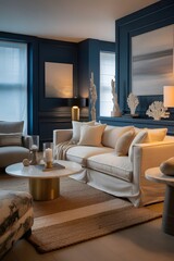 Fototapeta premium Luxury living room interior with white couch and modern decor