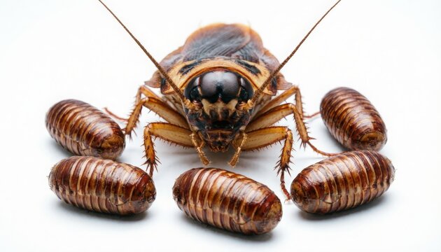 Macro view of a large cockroach with several oothecae, symbolizing insect infestation