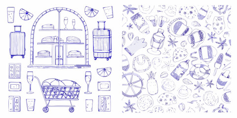 Obraz premium Vintage travel and leisure items sketched in a blue toned pattern