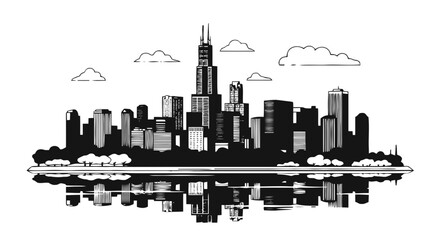 Obraz premium Vector illustration&nbsp;of chicago city skyline silhouette with reflection in water on a transparent background