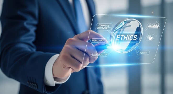 Closeup Businessman Hand holding virtual magnifying glass over Ethics, representing corporate responsibility, moral audit, value inspection, and integrity.