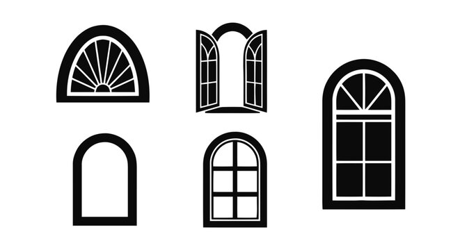 Vector illustration&nbsp;of set of various arched window icons in flat style on a transparent background