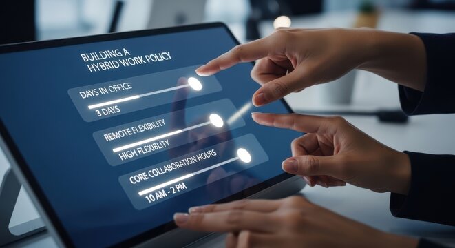 Hands building a hybrid work policy by sliding adjustable sliders for Days in Office, Remote Flexibility, and Core Collaboration Hours.