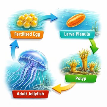 A semi-realistic 3D diagram of jellyfish life cycle stages arranged in a circular educational layout. With fertilized egg, larva planula stage, polyp stage, and adult jellyfish medusa form