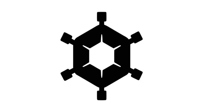 Vector illustration&nbsp;of abstract hexagonal geometric icon with six protruding square elements on a transparent background