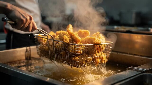 Midaction shot of a cook pulling crispy fried food from bubbling oil the fryers steam creating a hazy intense atmosphere.
