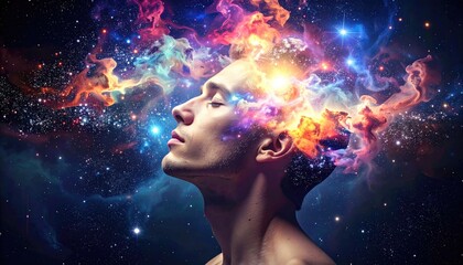 Fototapeta premium Mans Head Exploding with Cosmic Nebula and Stars.