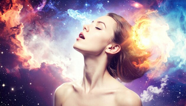 Womans Head Exploding with Cosmic Energy and Nebula.