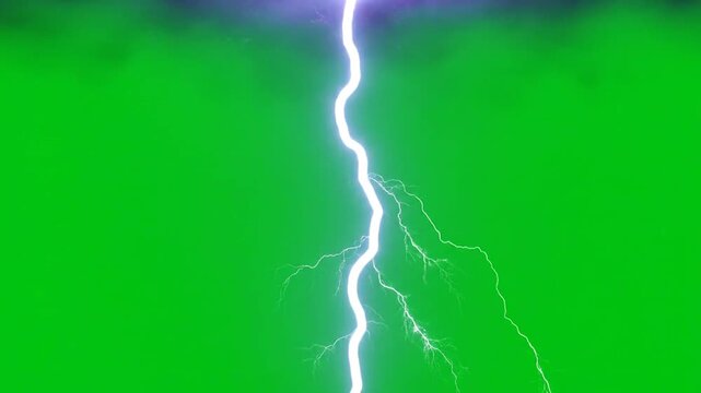Bright white lightning bolt striking on green screen background