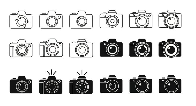 Collection of assorted camera icons, symbolizing photography and visual creation with diverse camera styles and functions